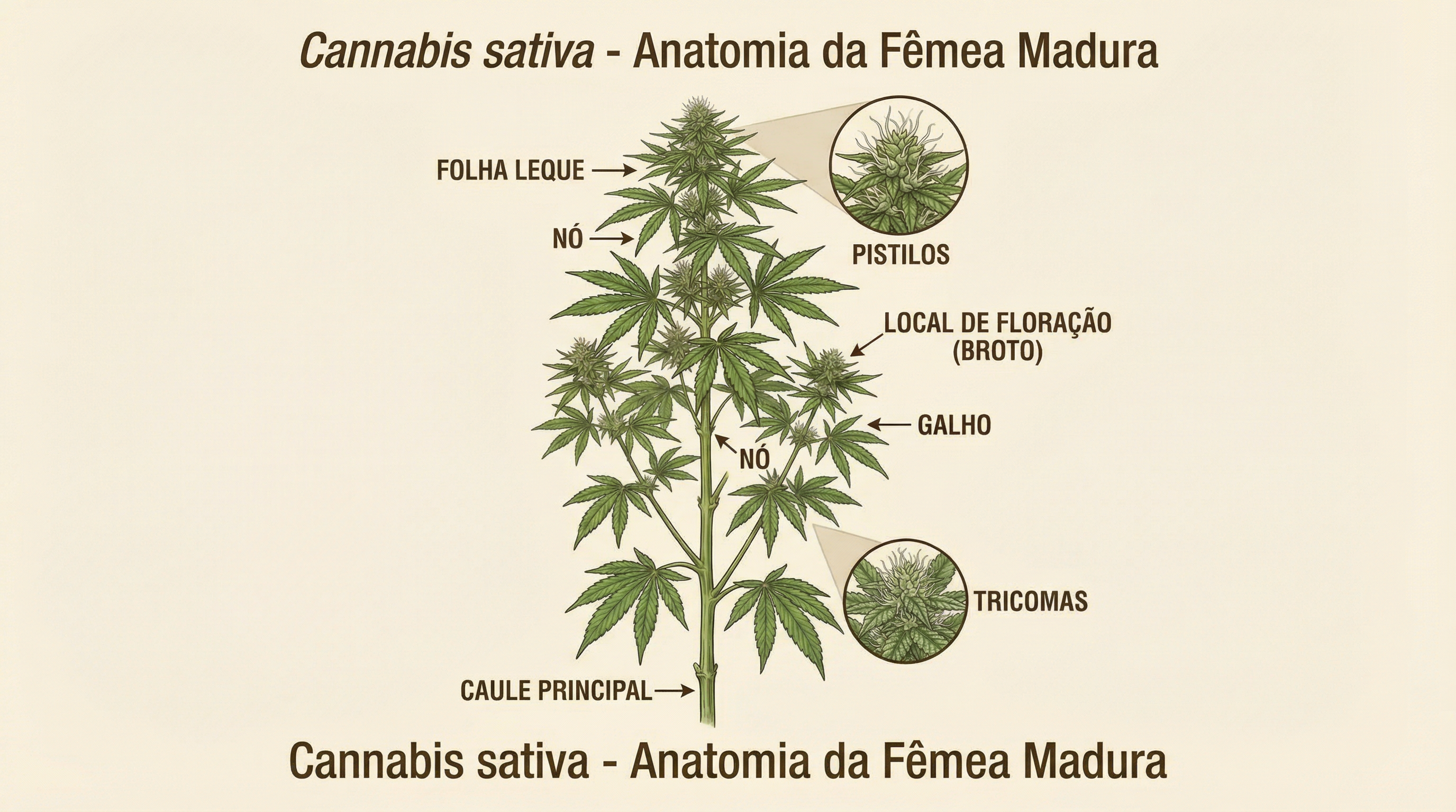 Ilustração botânica educacional de uma planta de cannabis fêmea madura mostrando anatomia e estrutura detalhadas.