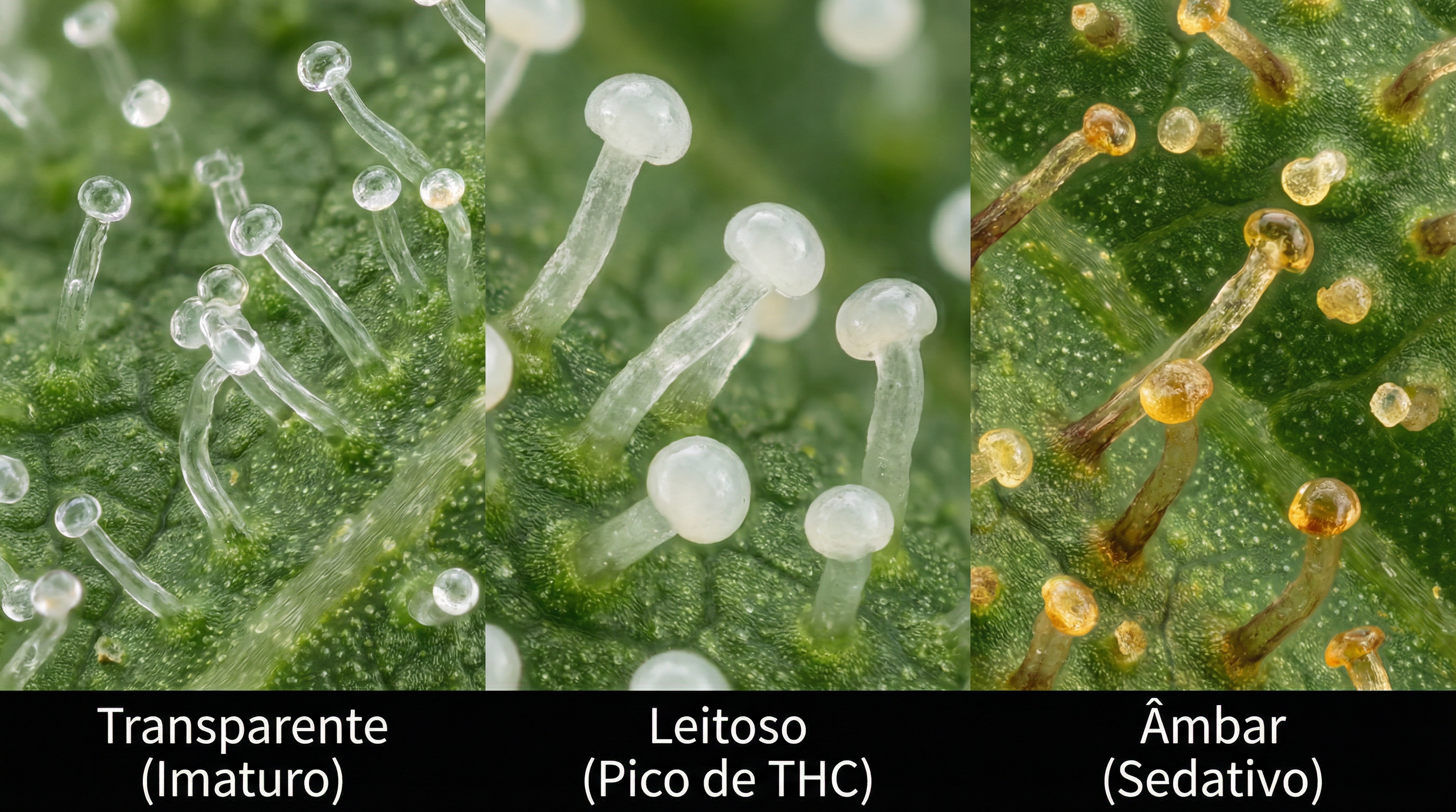 Ilustração científica altamente detalhada mostrando três estágios de maturação de tricomas de cannabis sob magnificação.