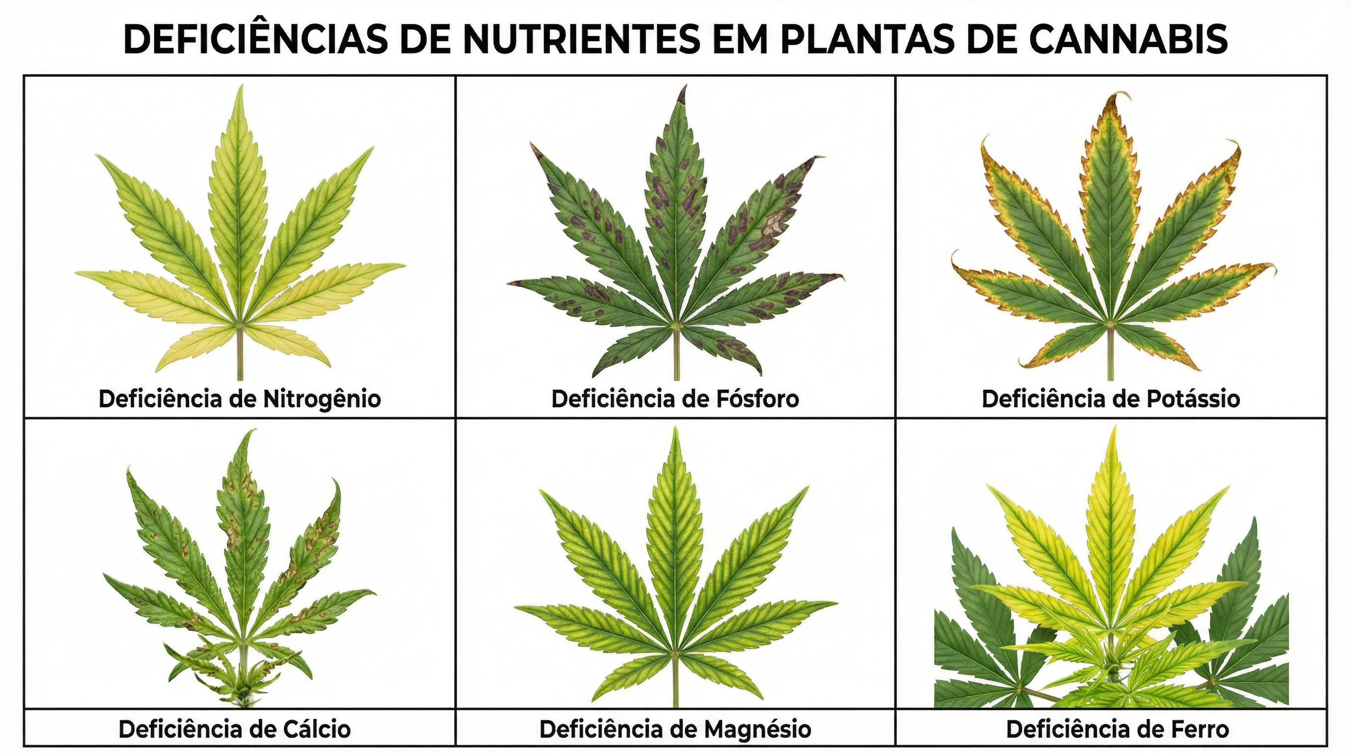 Gráfico educacional mostrando deficiências nutricionais comuns em plantas de cannabis através dos sintomas nas folhas.