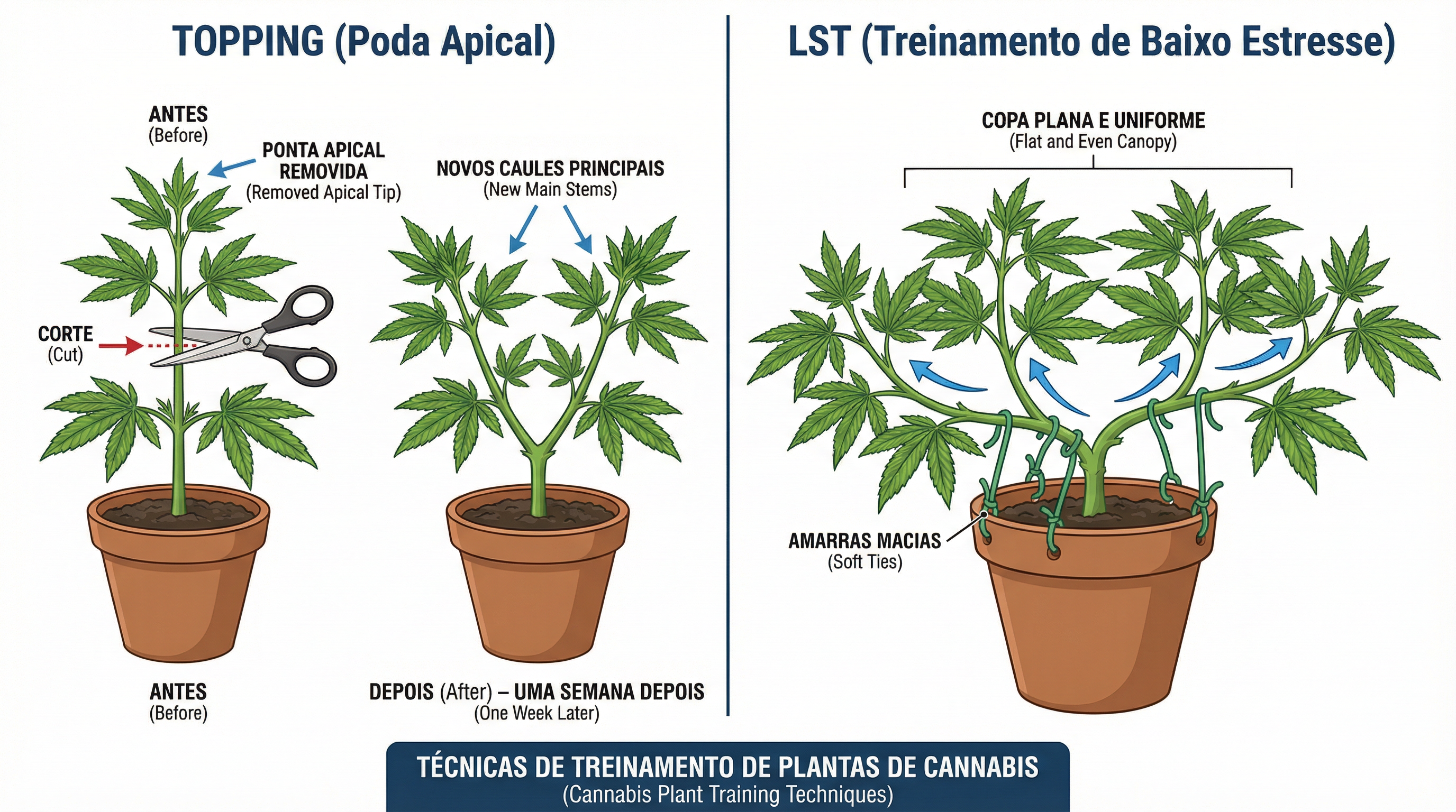 Diagrama educacional mostrando as técnicas LST (Low Stress Training) e Topping para cannabis.