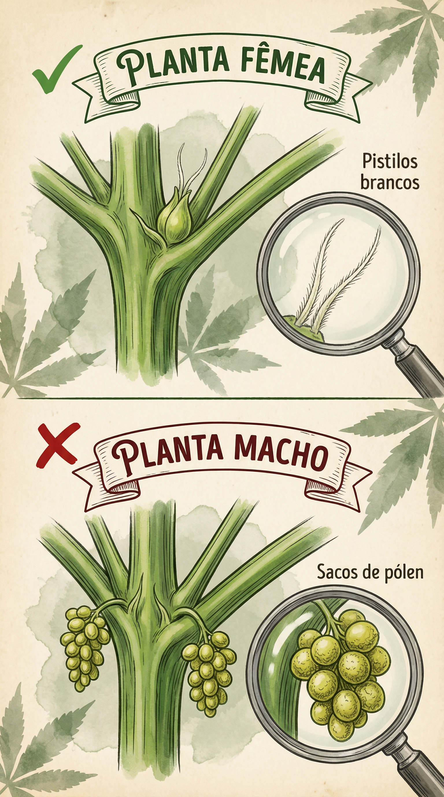 Ilustração botânica educacional comparando pré-flores de cannabis masculinas e femininas para sexagem de plantas.