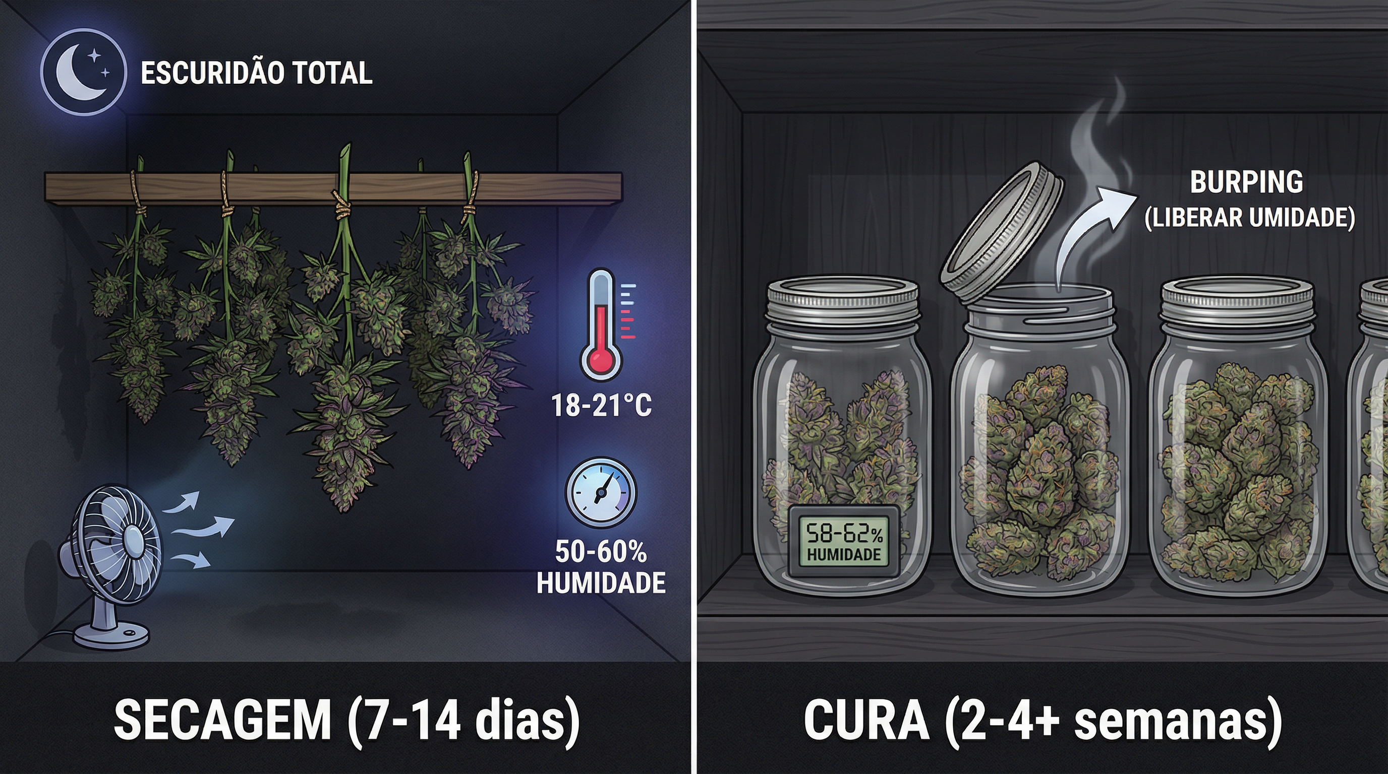 Ilustração educacional mostrando o processo de secagem e cura para flores de cannabis.