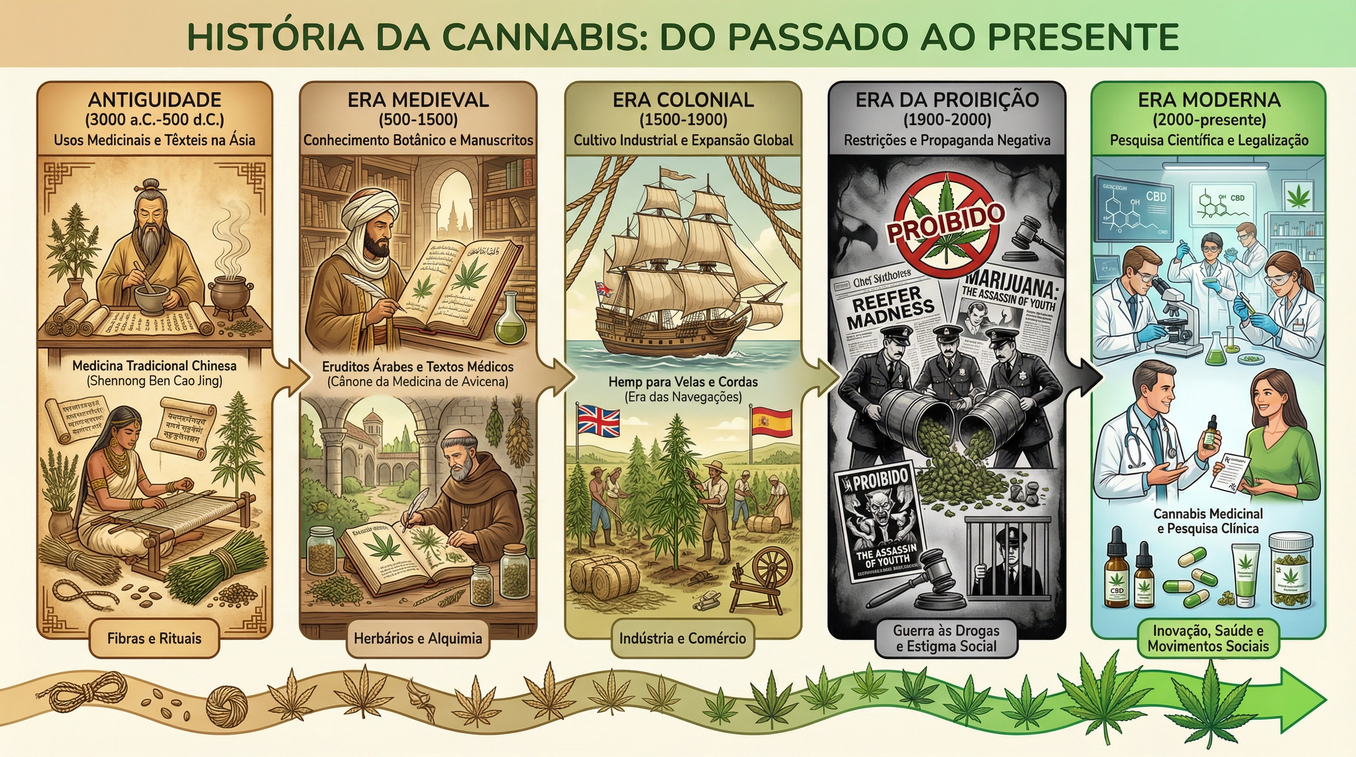 Infográfico da linha do tempo histórica mostrando a história da cannabis desde os tempos antigos até os dias modernos.