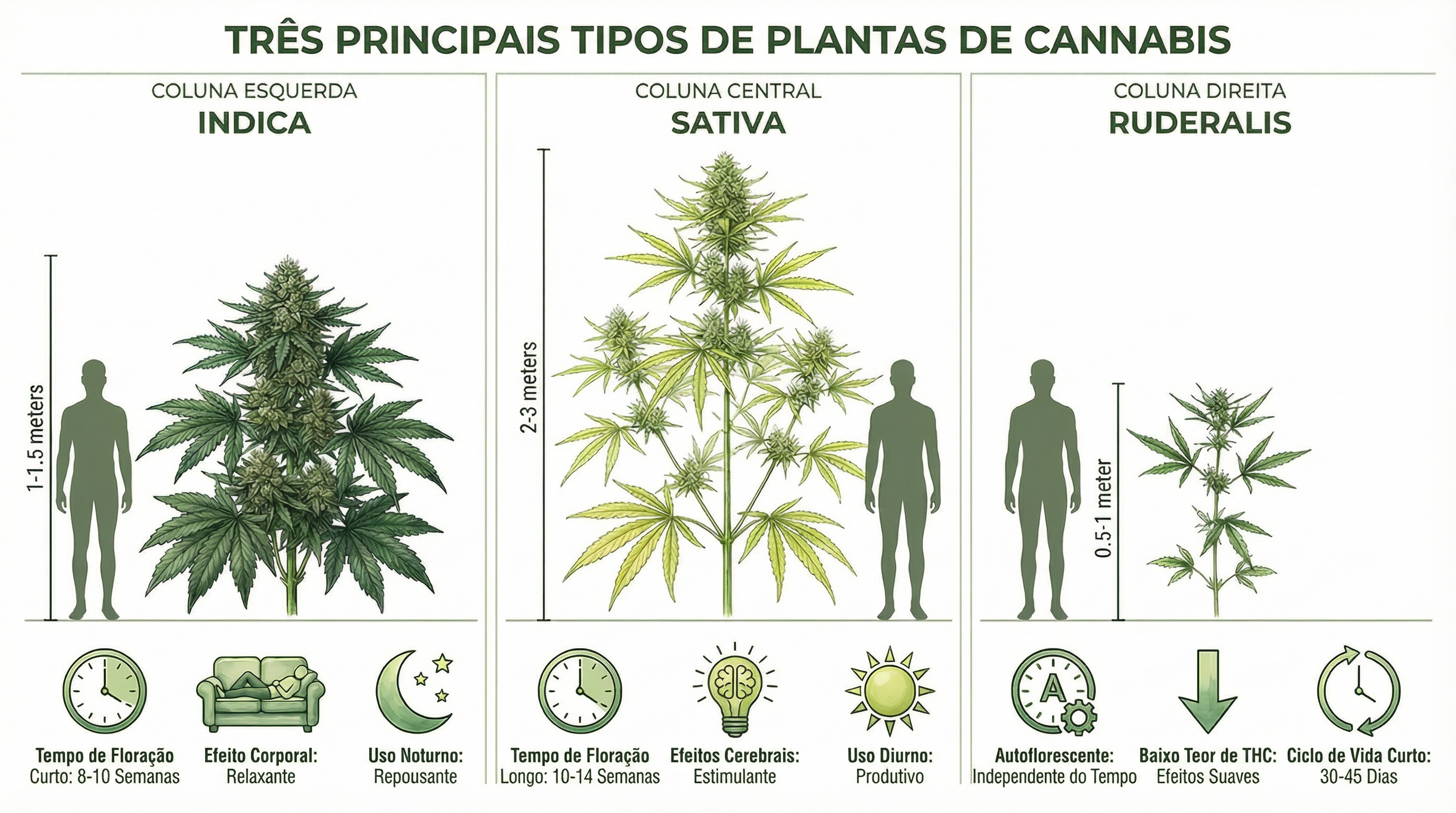 Gráfico de comparação educacional mostrando os três principais tipos de plantas de cannabis: Indica, Sativa e Ruderalis.