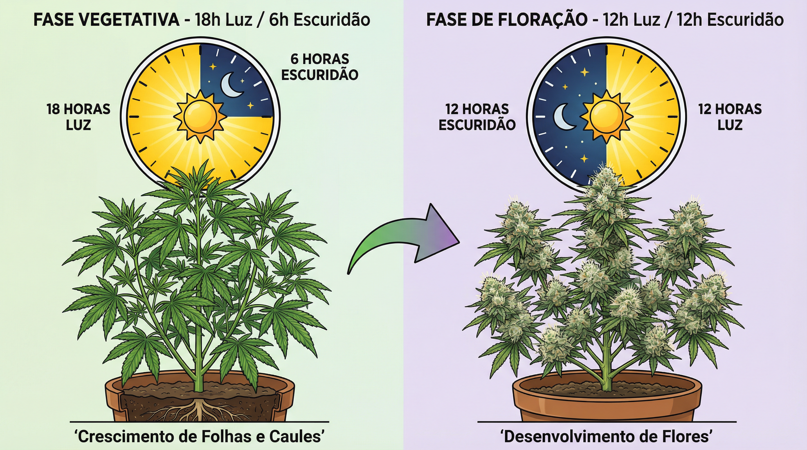 Diagrama educacional mostrando o ciclo de luz (fotoperíodo) para o cultivo de cannabis nos estágios vegetativo e de floração.