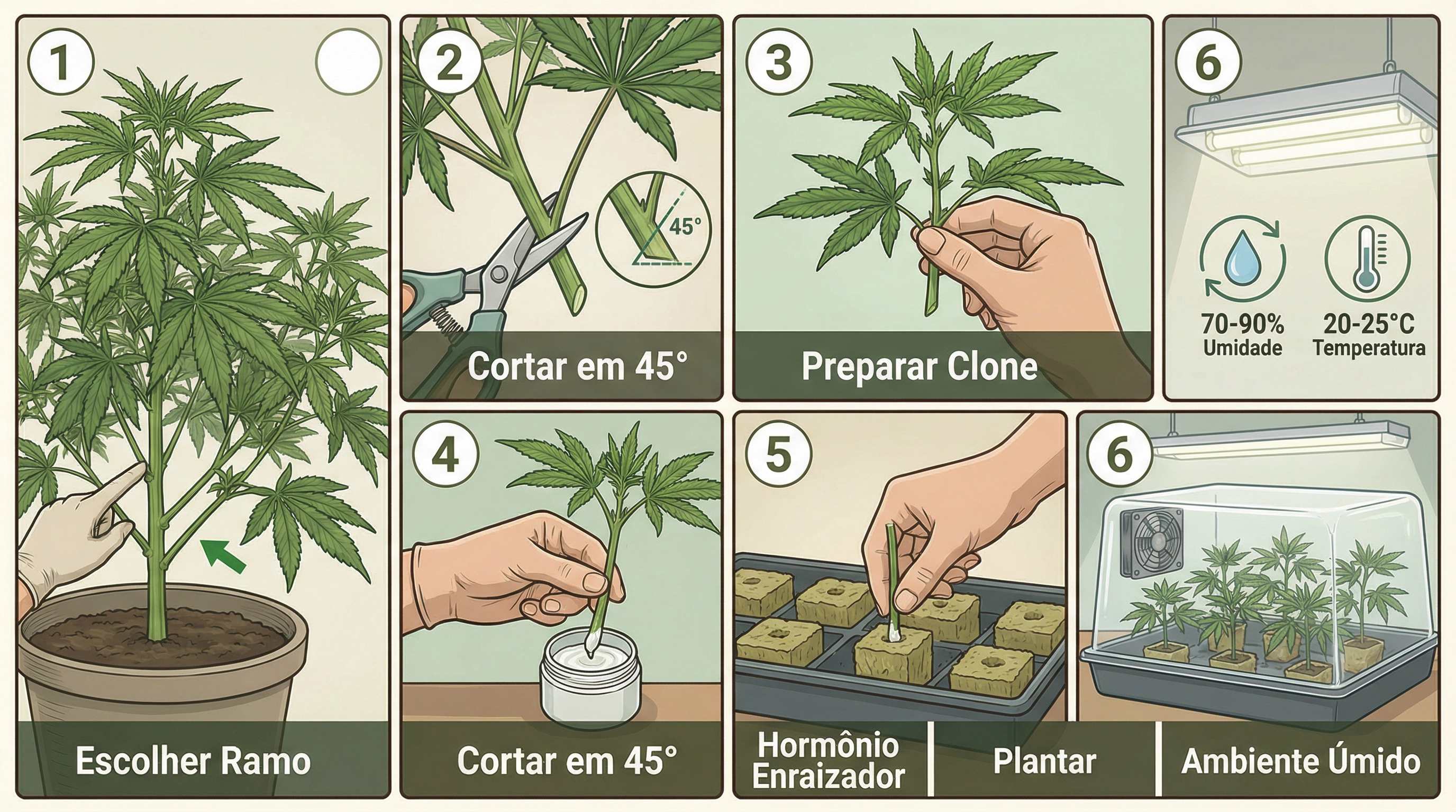 Tutorial visual detalhado passo a passo para o processo de clonagem de cannabis.