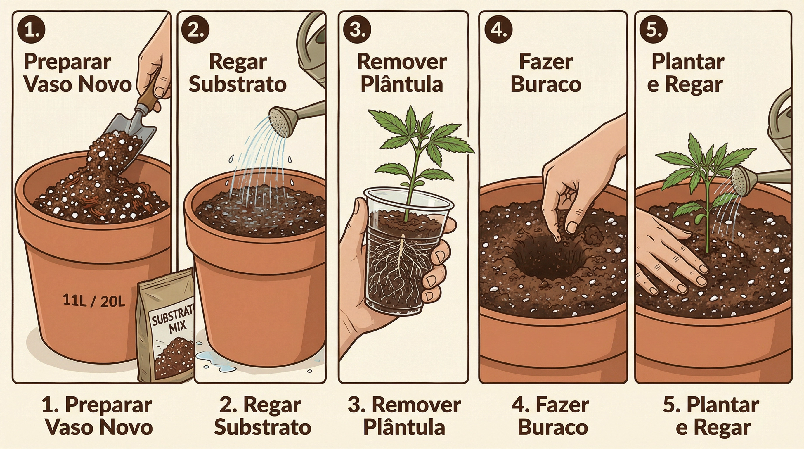 Tutorial visual passo a passo para o transplante de mudas de cannabis.