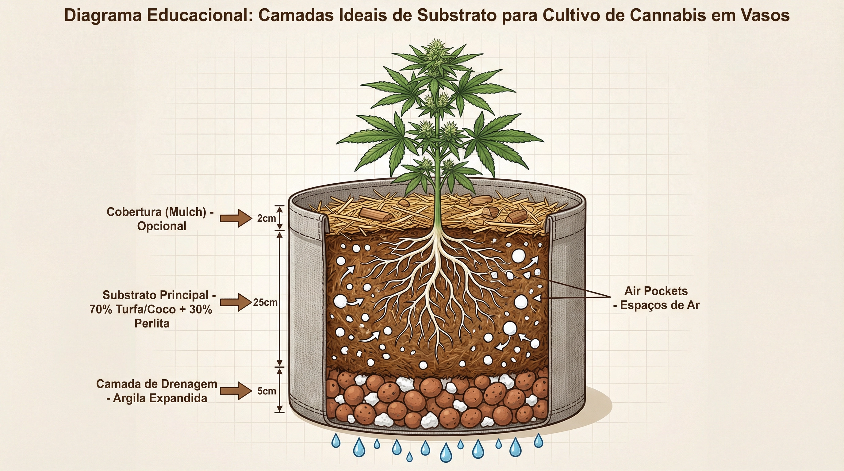 Diagrama de corte educacional mostrando a camada ideal de substrato para o cultivo de cannabis em vasos.