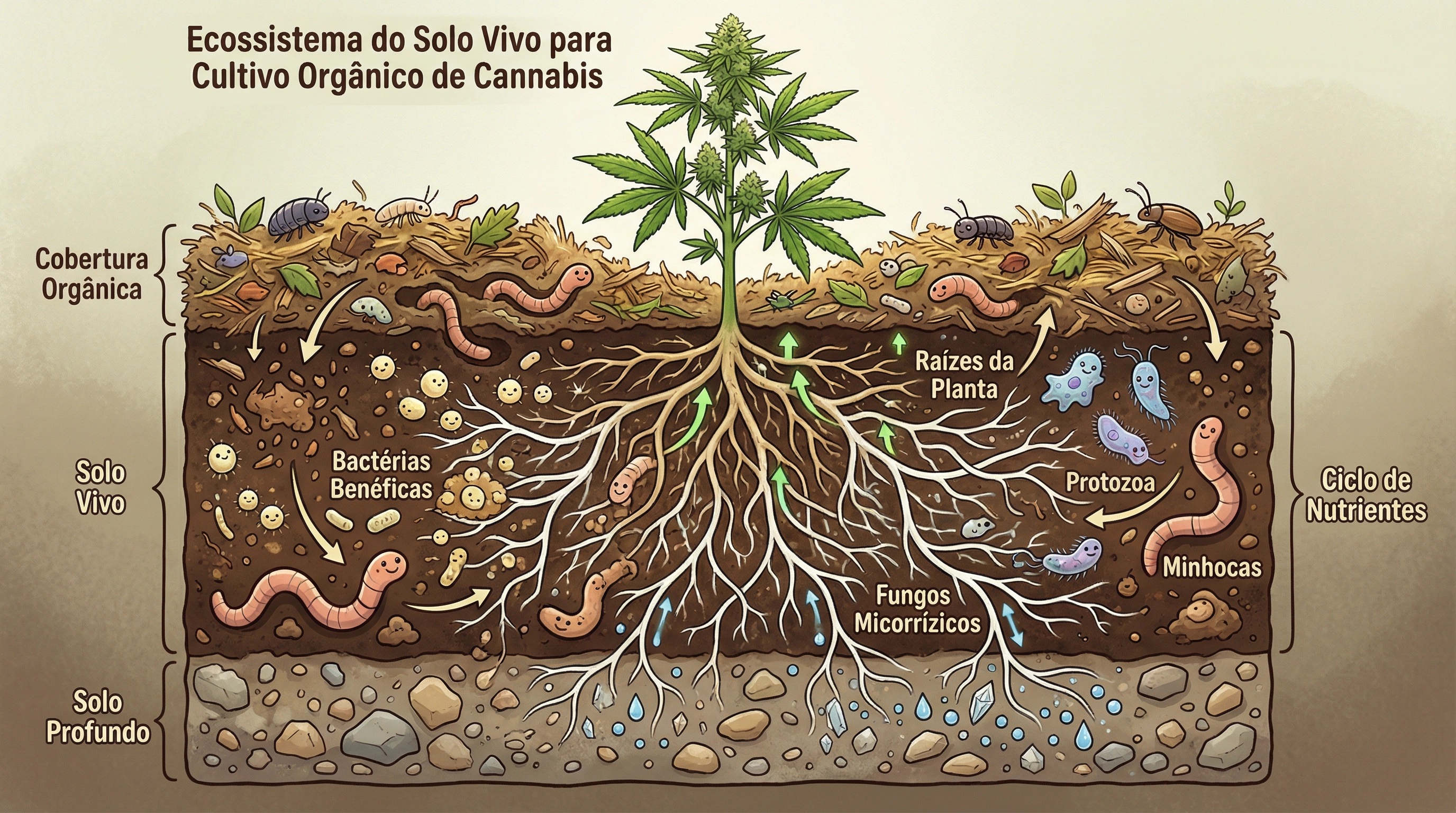 Infográfico educacional mostrando o ecossistema do solo vivo para o cultivo orgânico de cannabis.