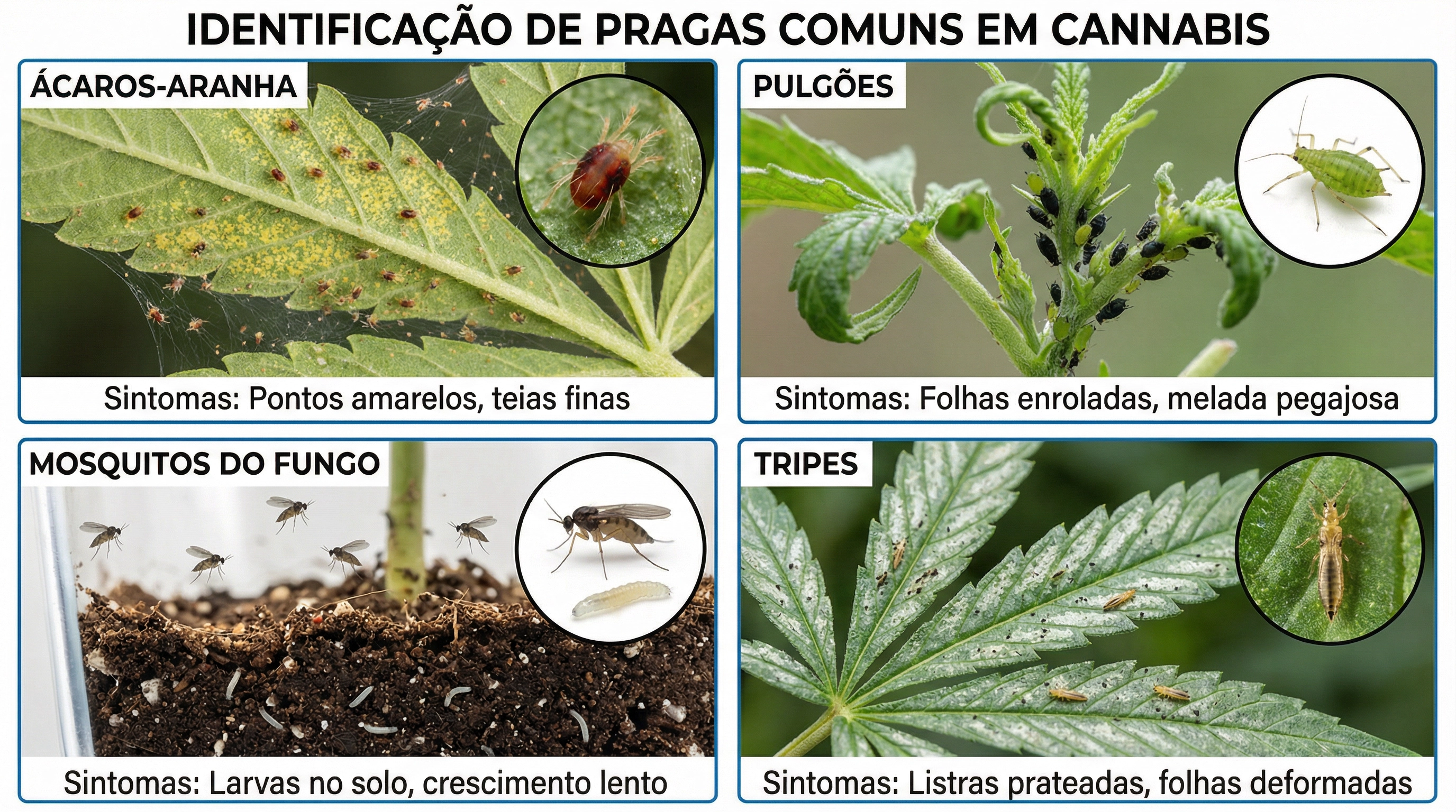 Gráfico de identificação educacional para pragas comuns da cannabis.