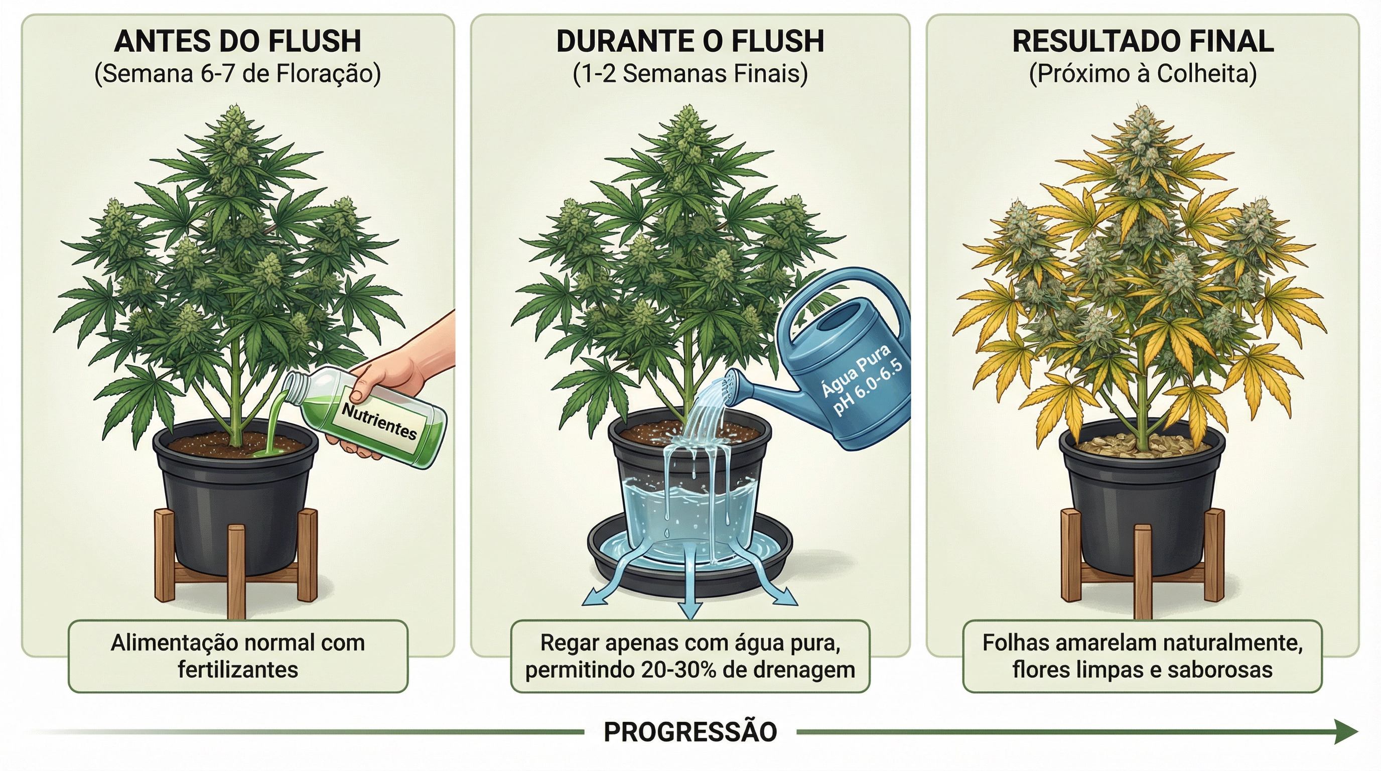 Guia visual passo a passo para o processo de flush final antes da colheita.