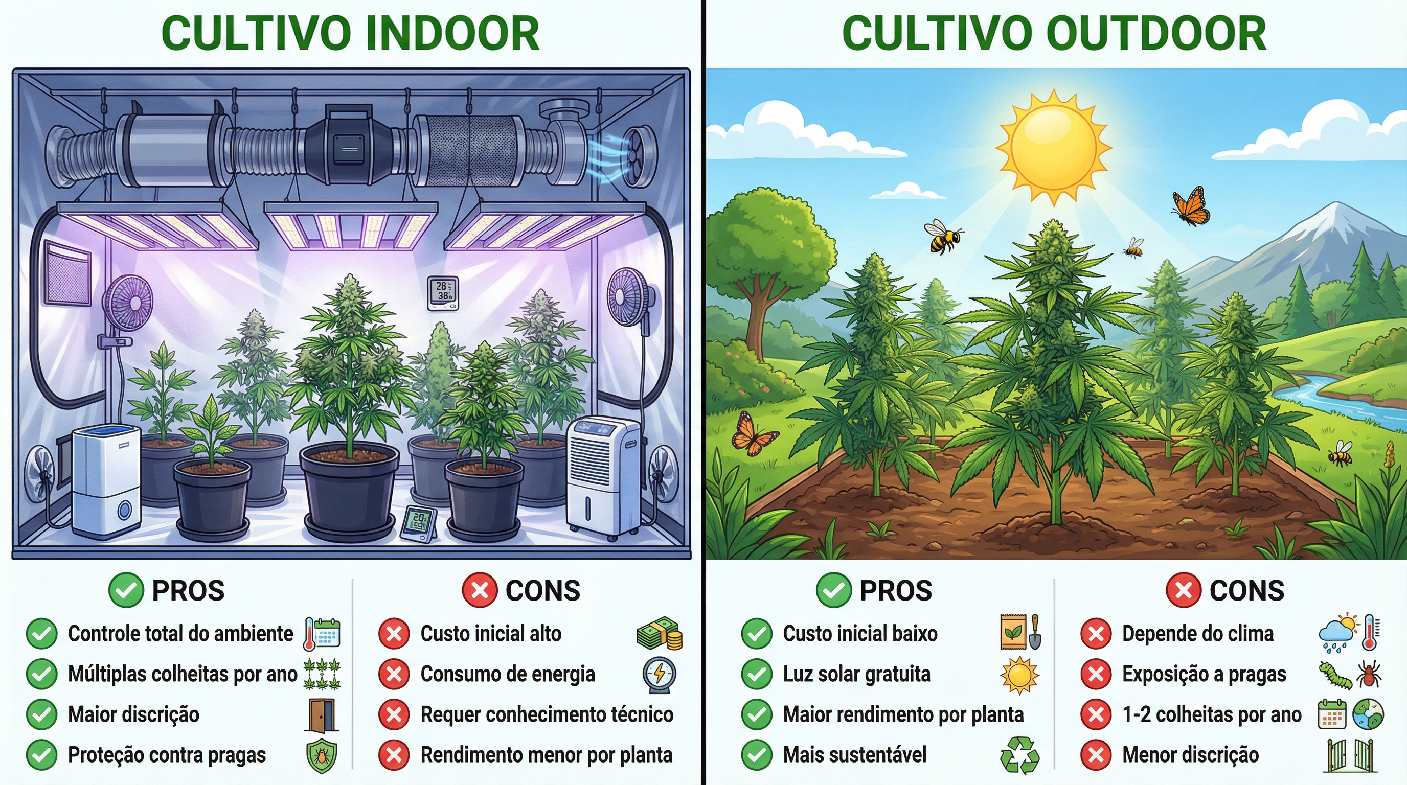 Infográfico de comparação lado a lado do cultivo de cannabis indoor vs outdoor.