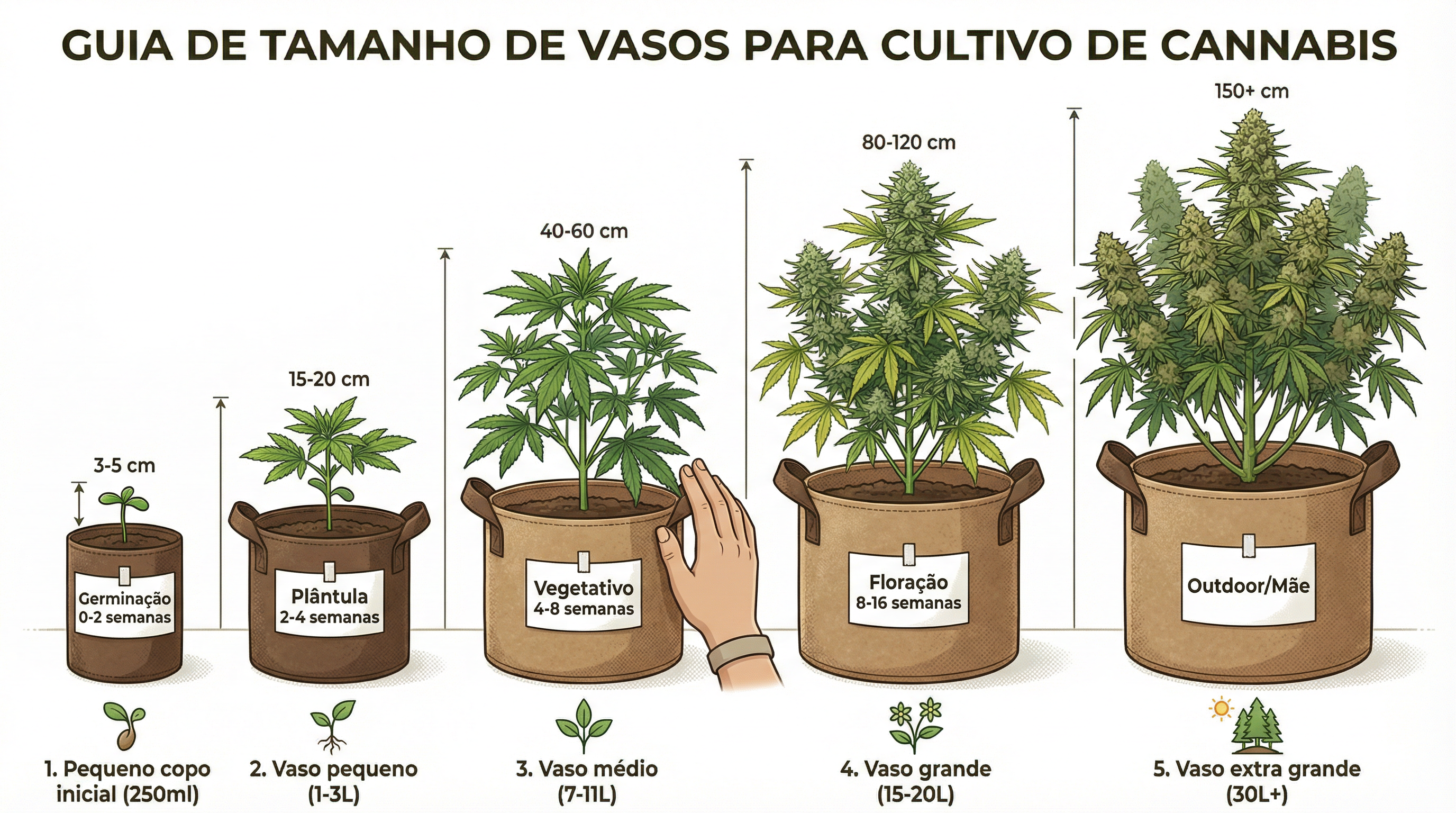 Gráfico de comparação educacional mostrando diferentes tamanhos de vasos para os estágios de cultivo de cannabis.