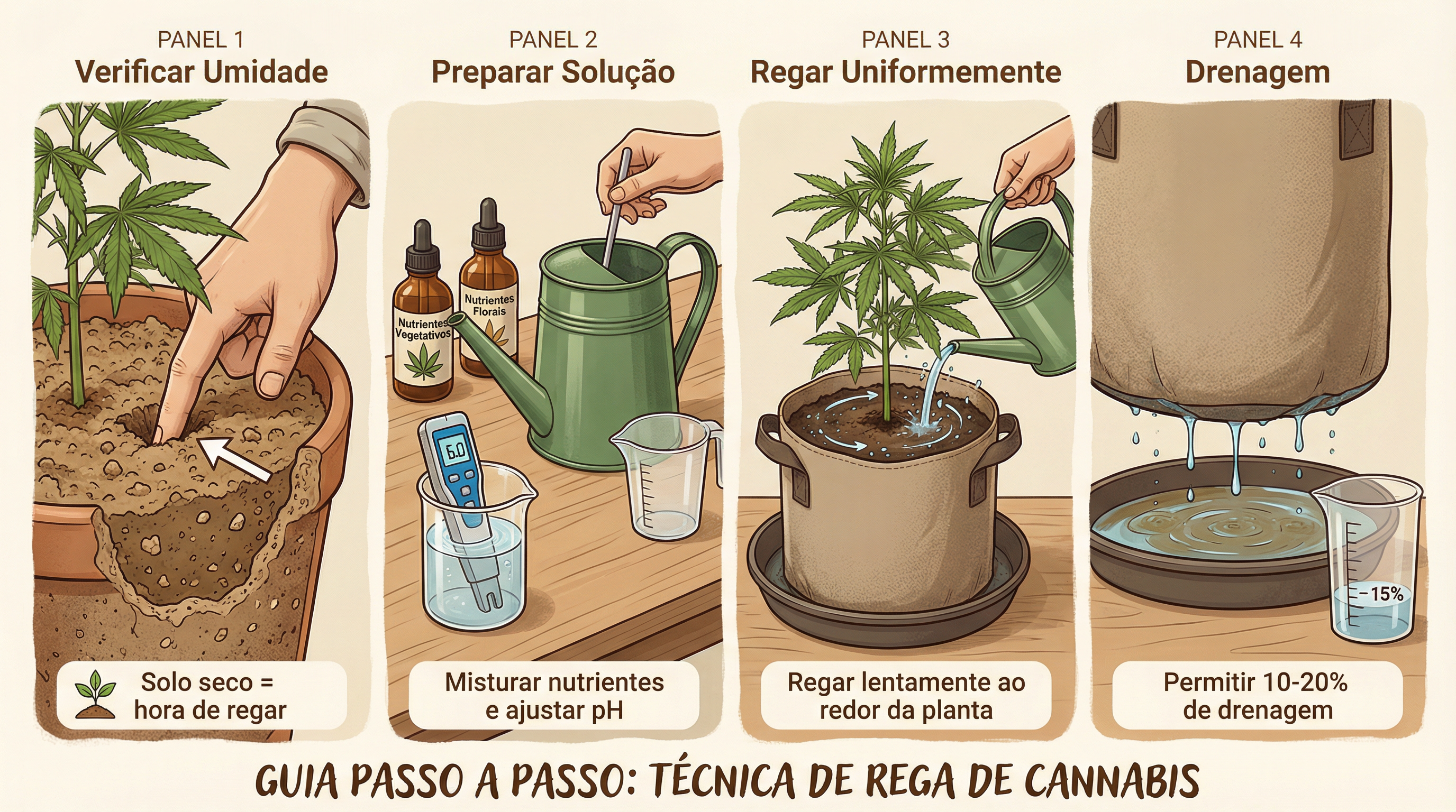 Guia educacional passo a passo para a técnica correta de rega de cannabis.