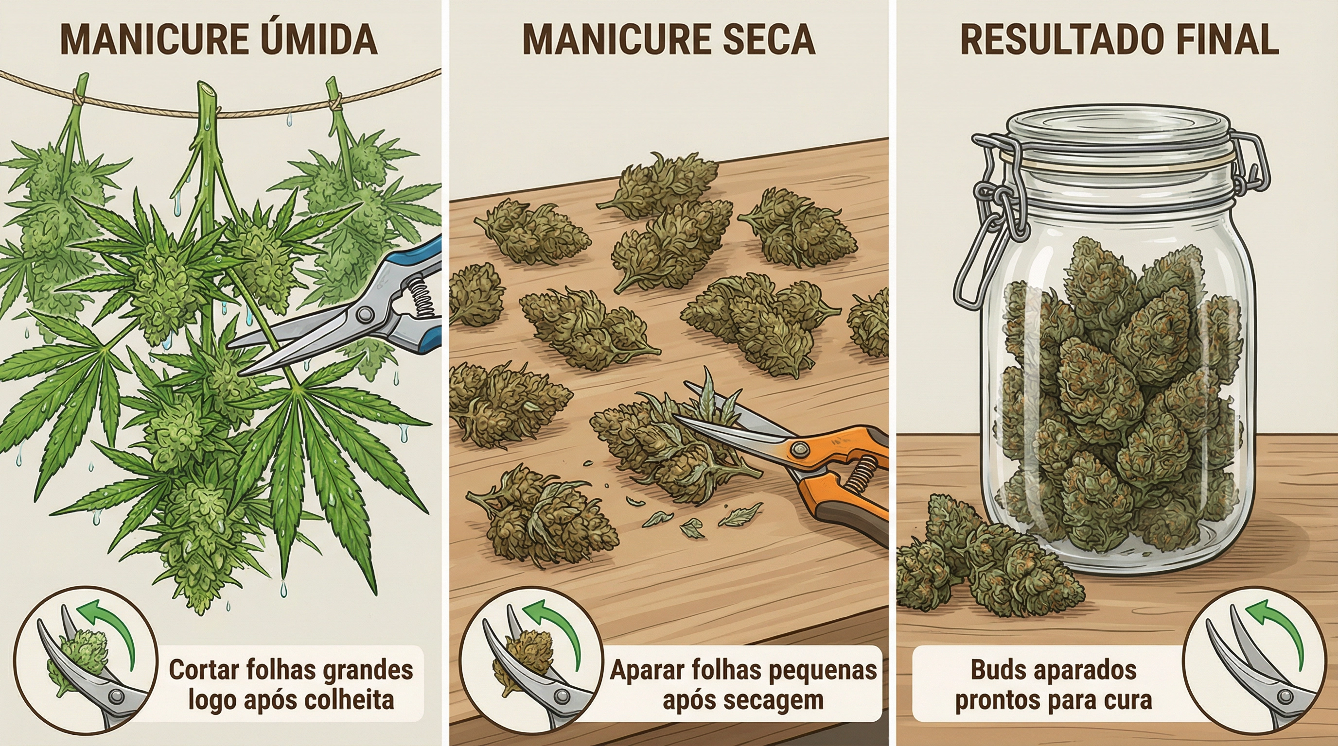 Guia visual passo a passo para o processo de aparagem de botões de cannabis (manicure).