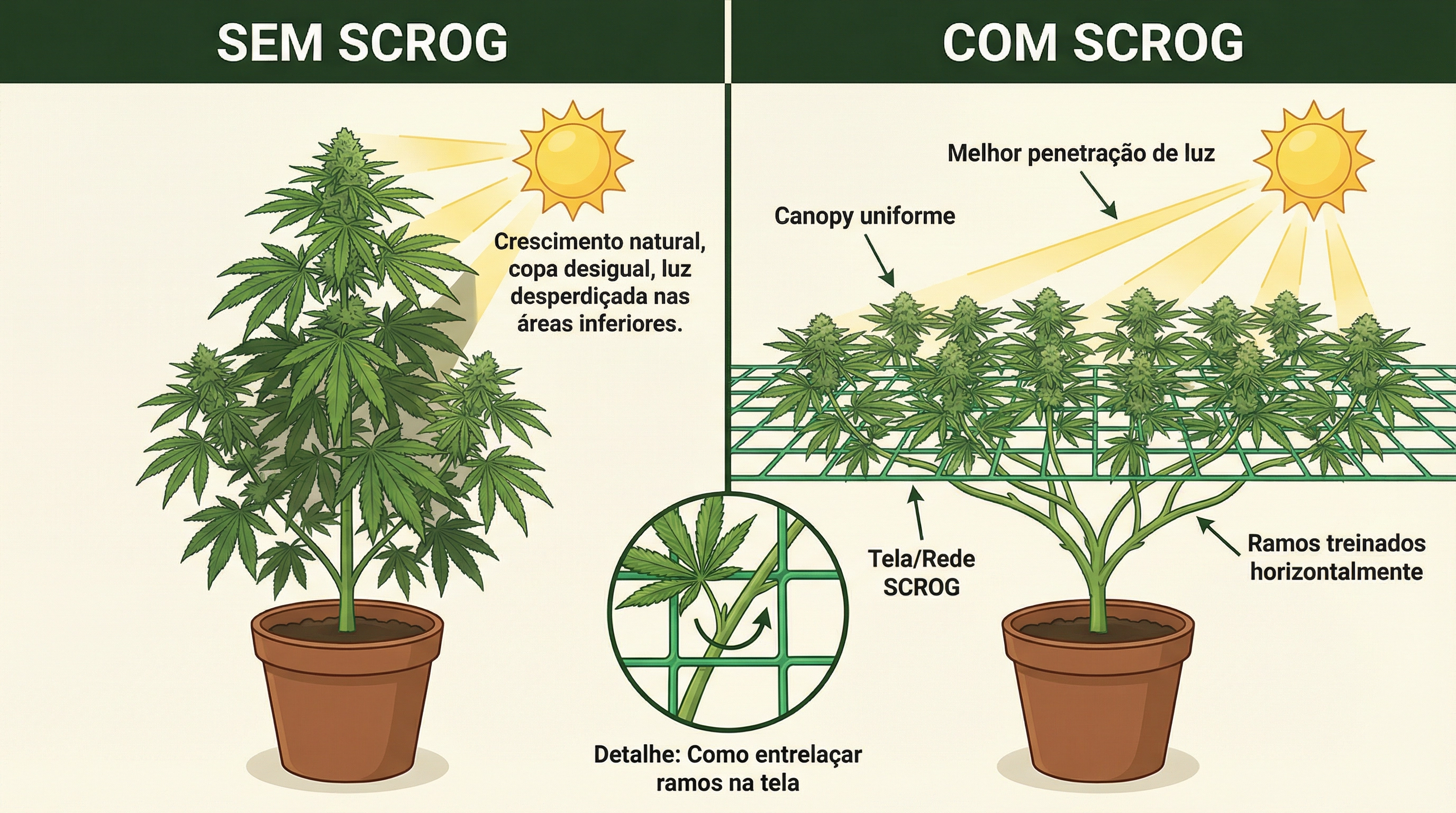 Comparação educacional antes e depois mostrando a técnica de treinamento ScrOG (Screen of Green) para cannabis.