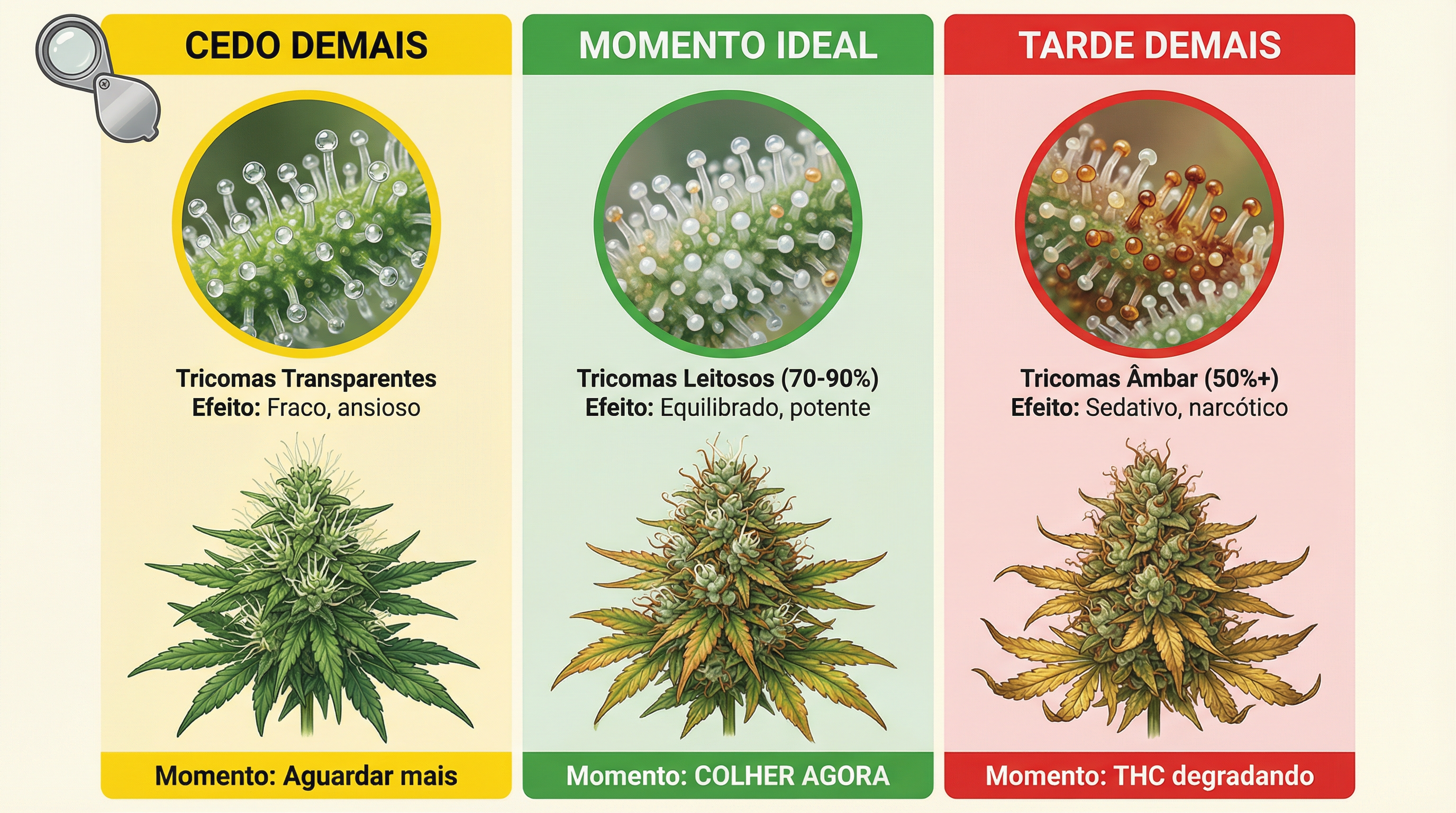 Guia visual mostrando o momento ideal da colheita com base na cor dos tricomas e na aparência da planta.