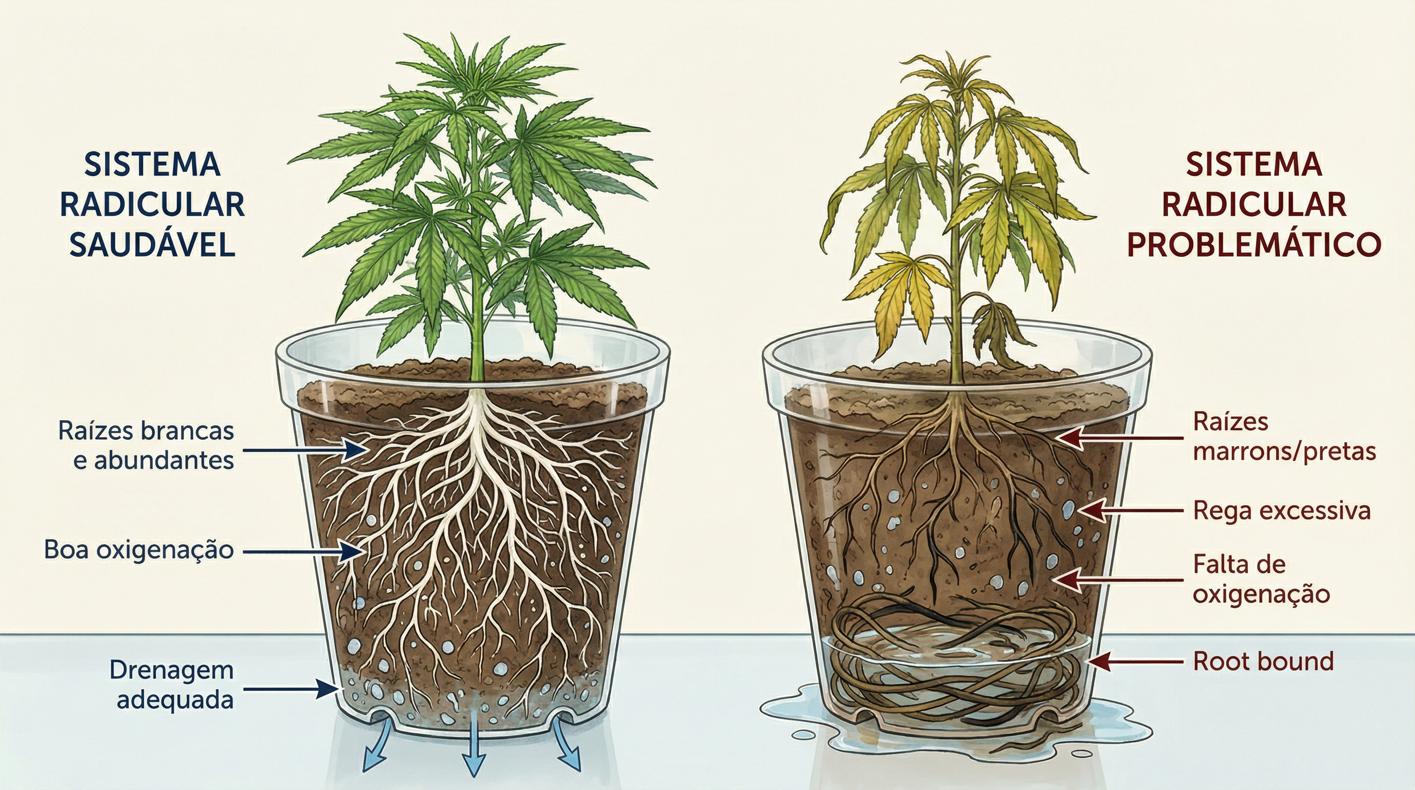 Ilustração de corte educacional mostrando sistemas radiculares de cannabis saudáveis vs não saudáveis em vasos.