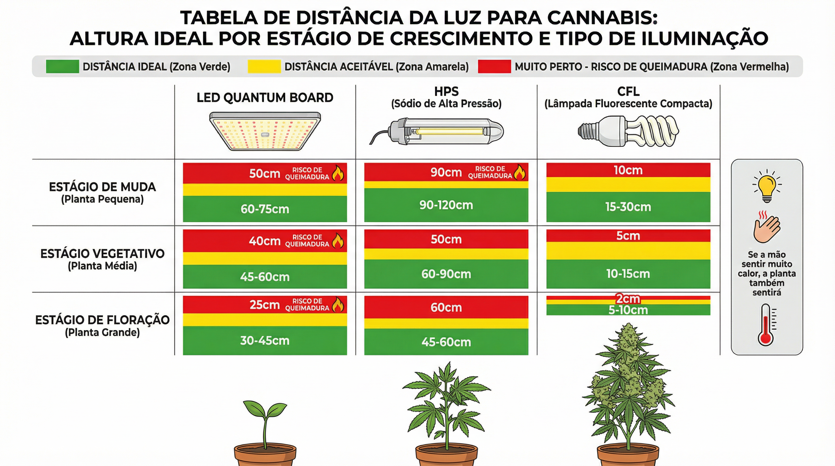 Gráfico educacional mostrando a distância ideal da luz das plantas de cannabis para diferentes tipos de luz e estágios de crescimento.