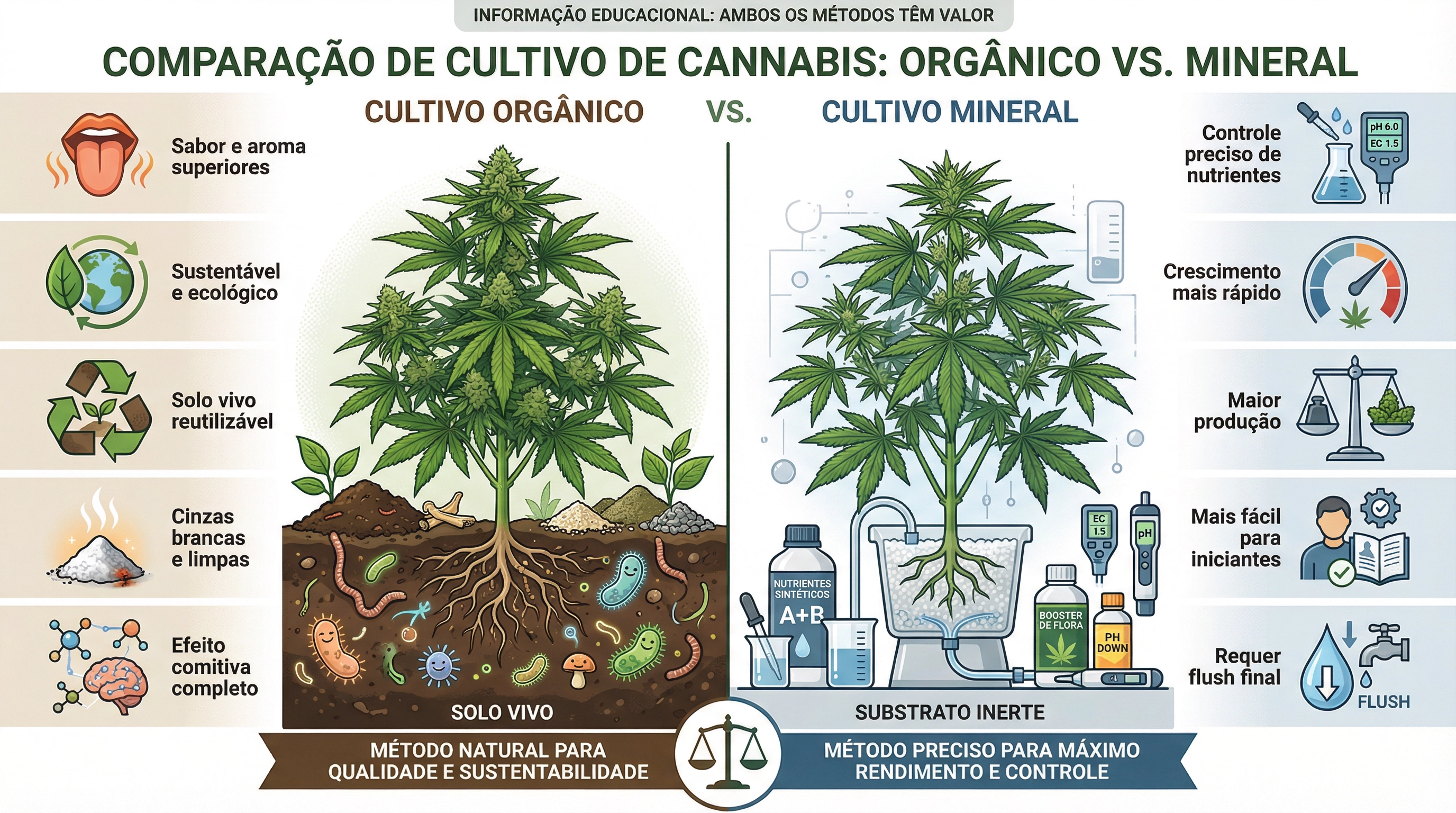 Infográfico educacional comparando o cultivo de cannabis orgânico vs mineral (sintético).