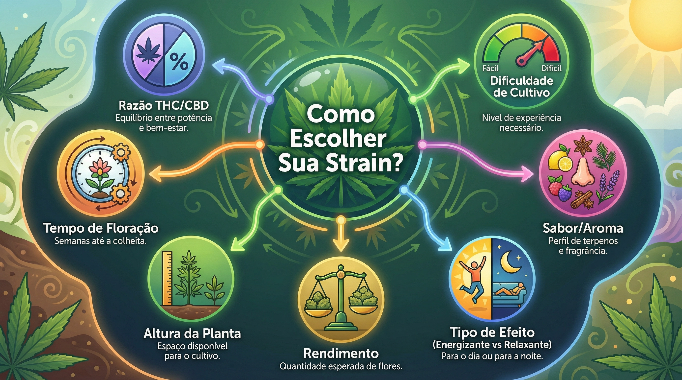 Infográfico mostrando os fatores a serem considerados ao escolher uma cepa de cannabis.