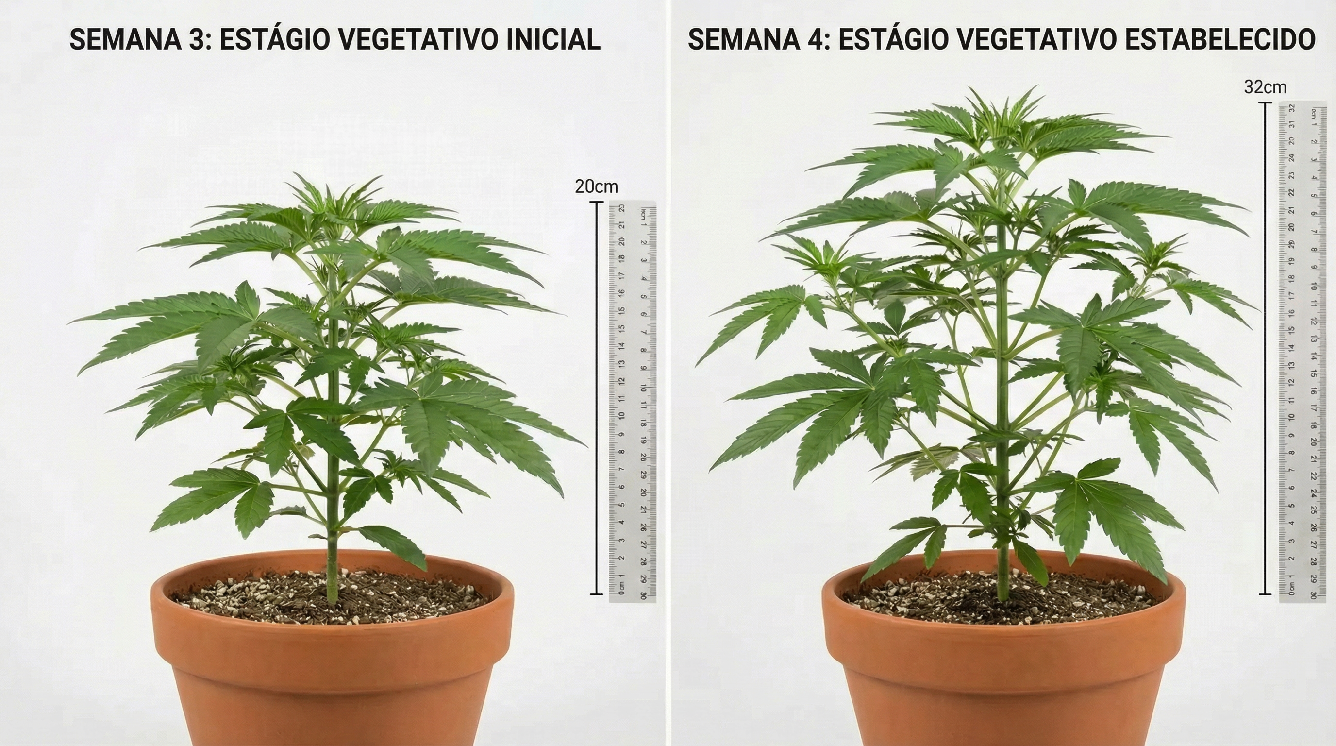 Ilustração foto-realista educacional mostrando os estágios de crescimento da planta de cannabis na semana 3-4.