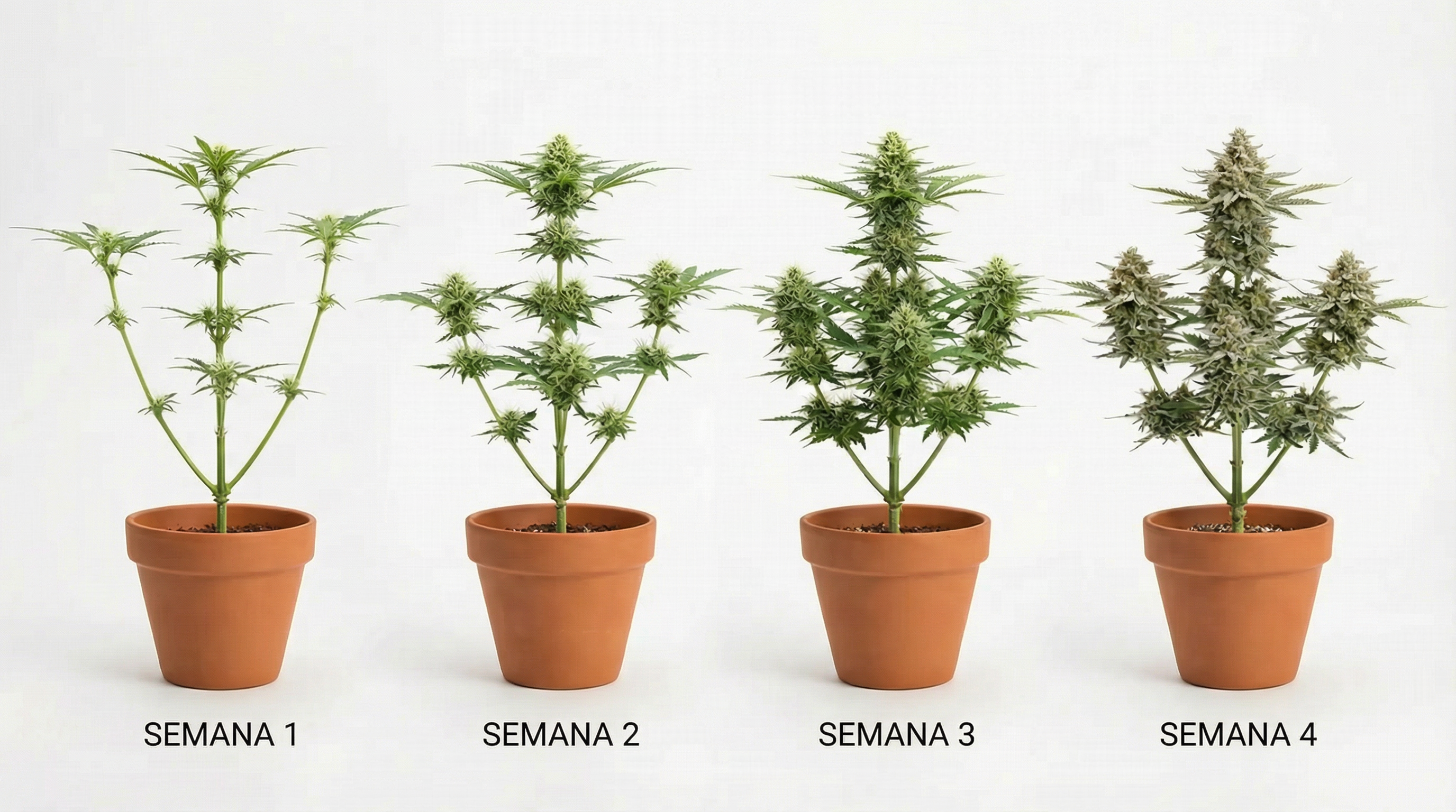 Ilustração foto-realista educacional mostrando os estágios de floração da cannabis na semana 1-4.