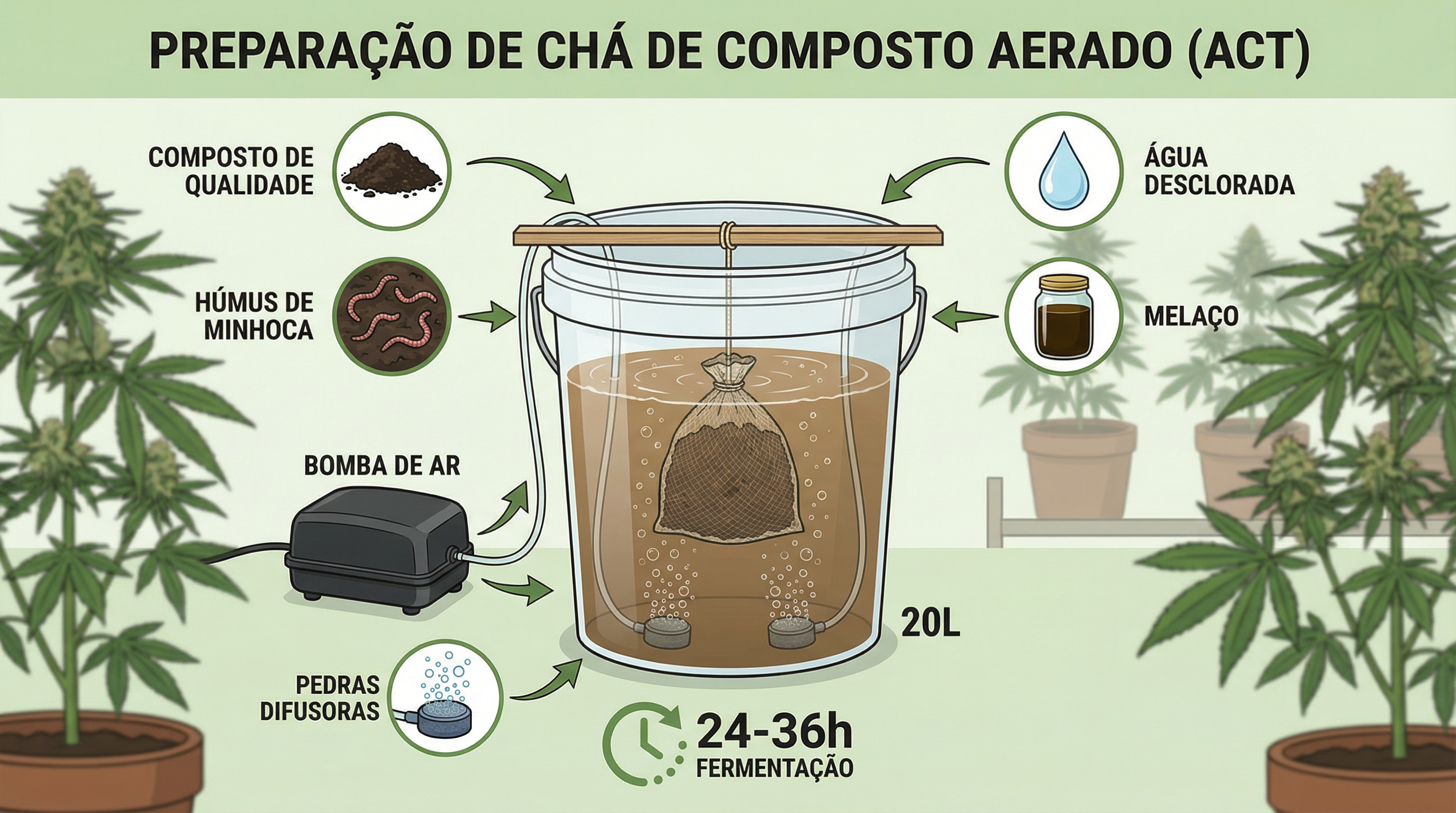 Setup completo para preparação de chá de composto aerado com bomba de ar e ingredientes.