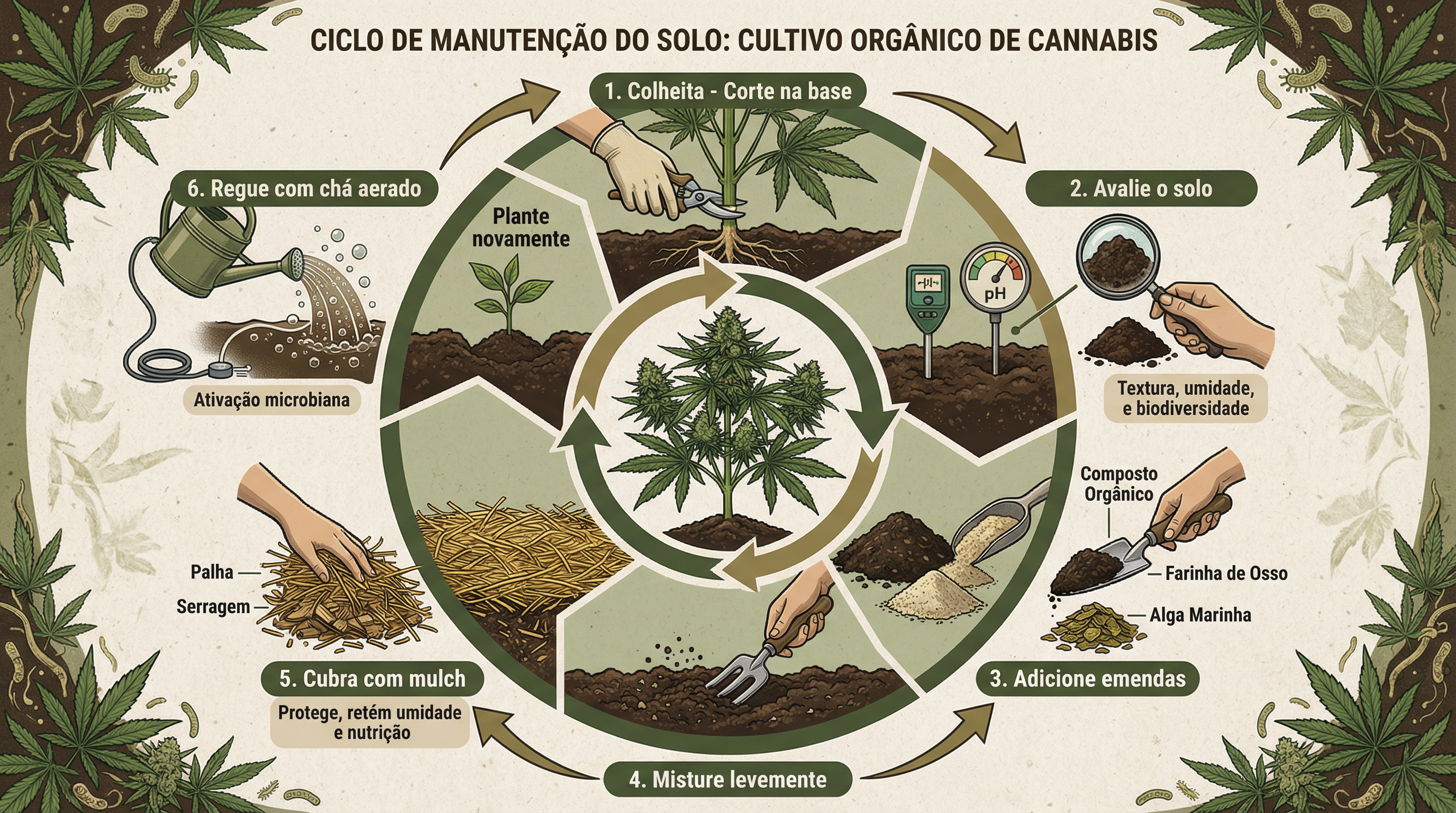 Diagrama do ciclo de manutenção e reaproveitamento de solo orgânico entre cultivos.