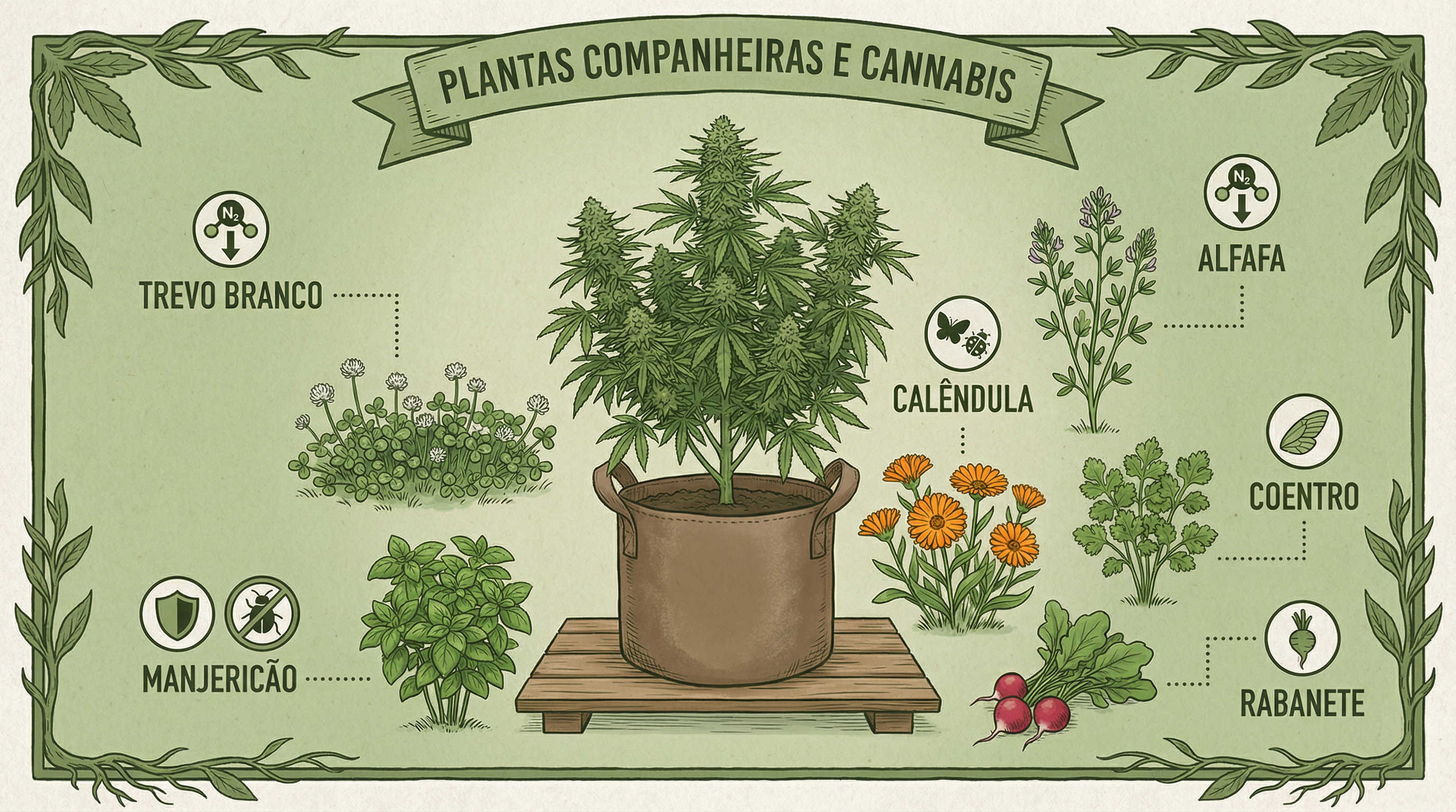 Ilustração mostrando diferentes sementes companheiras plantadas junto com cannabis.