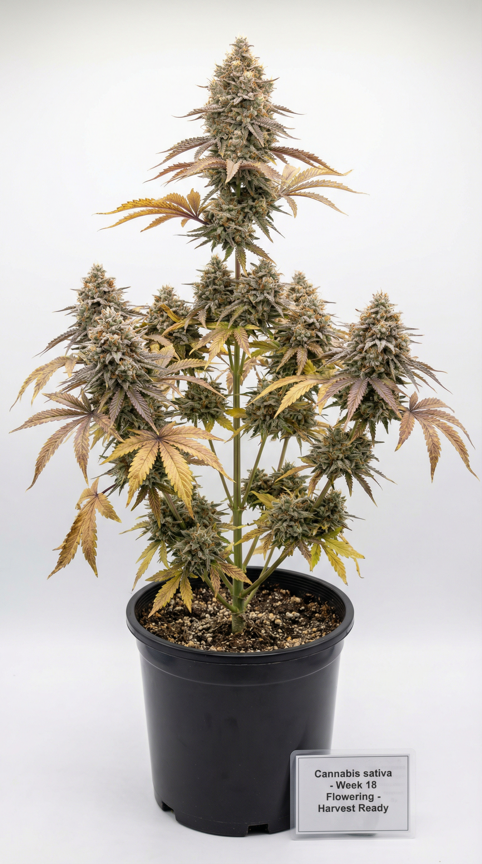 Planta de cannabis madura pronta para colheita com buds densos e tricomas no ponto ideal.