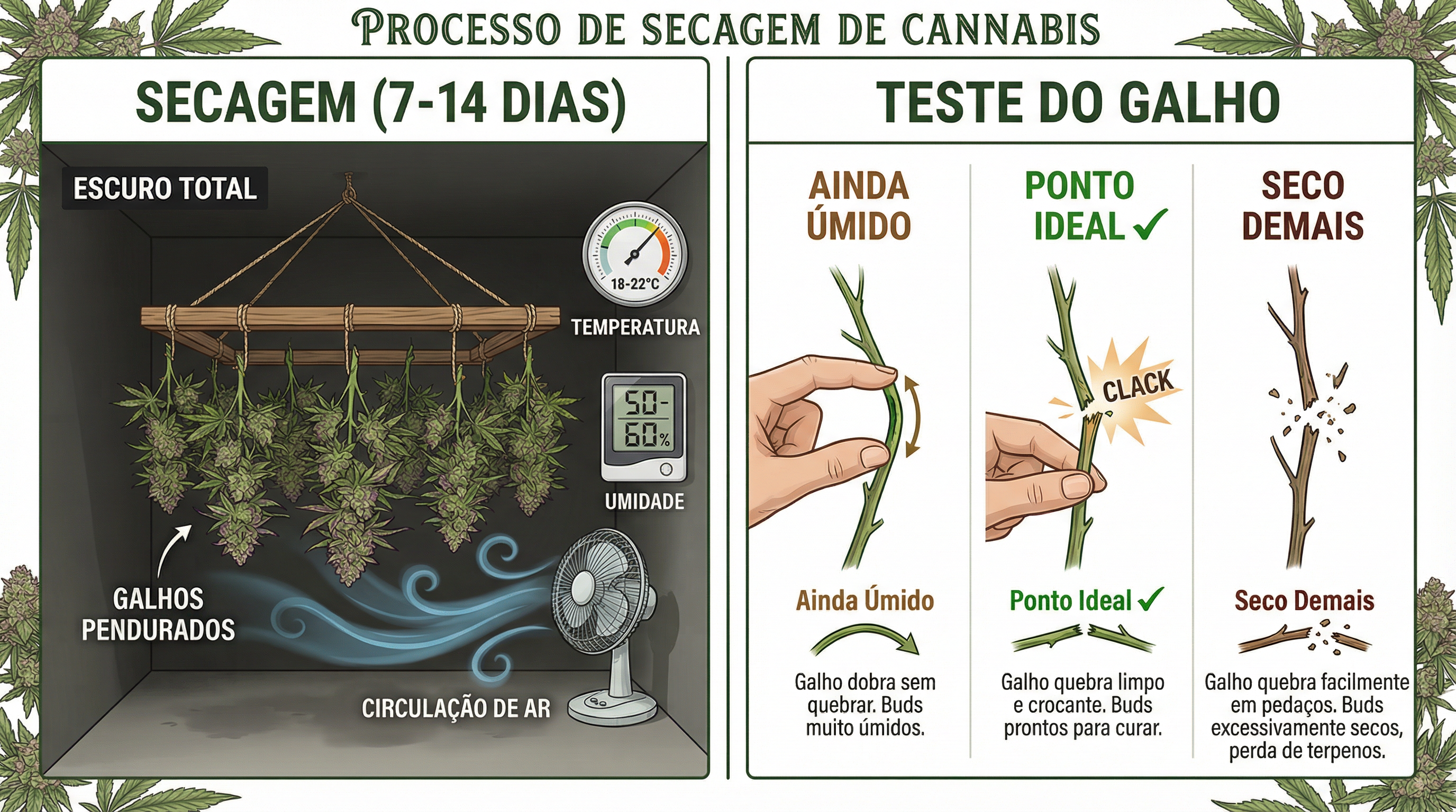 Processo de secagem de cannabis com buds pendurados de cabeça para baixo.