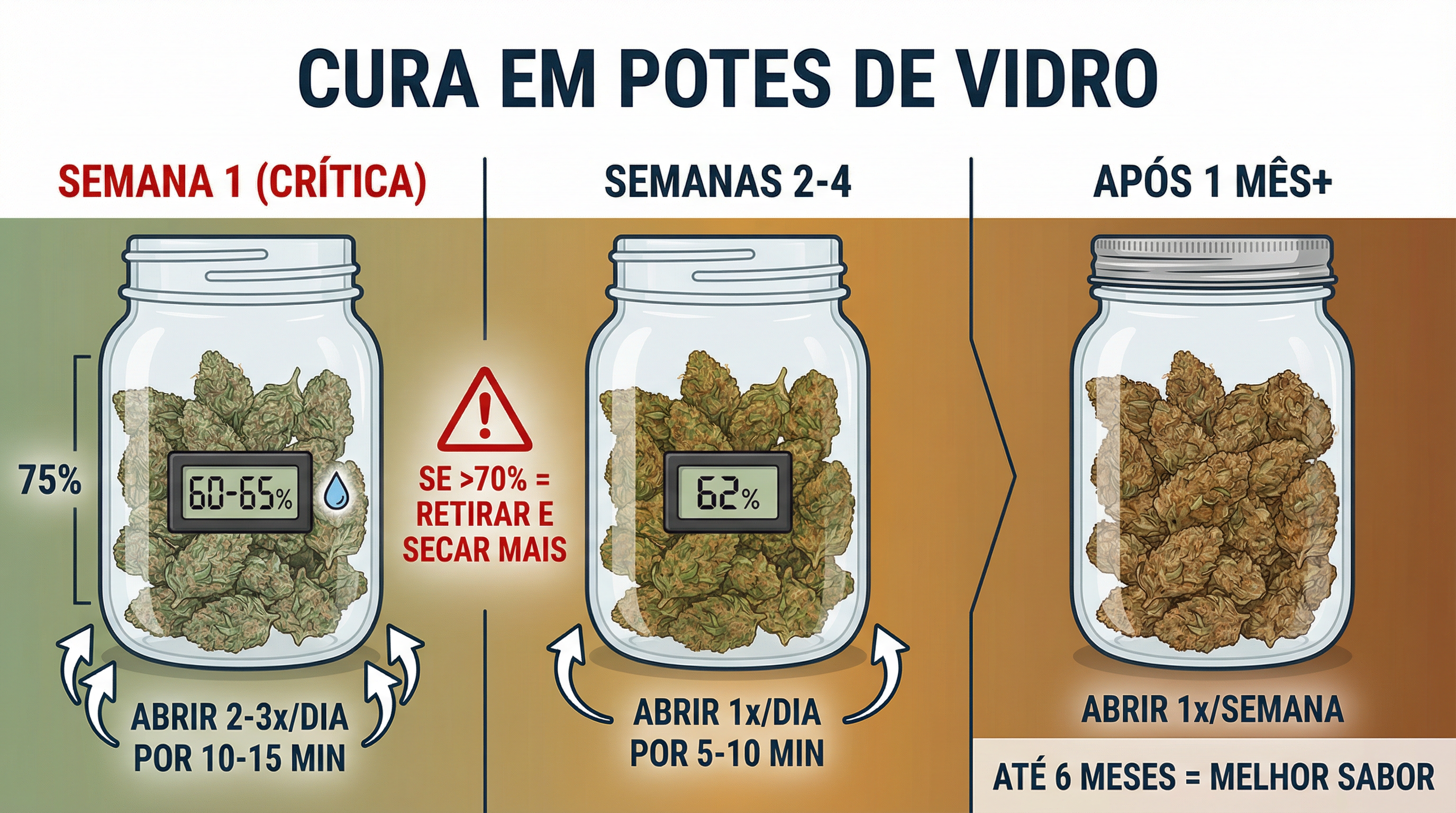 Processo de cura de cannabis em potes de vidro herméticos com higrômetros.