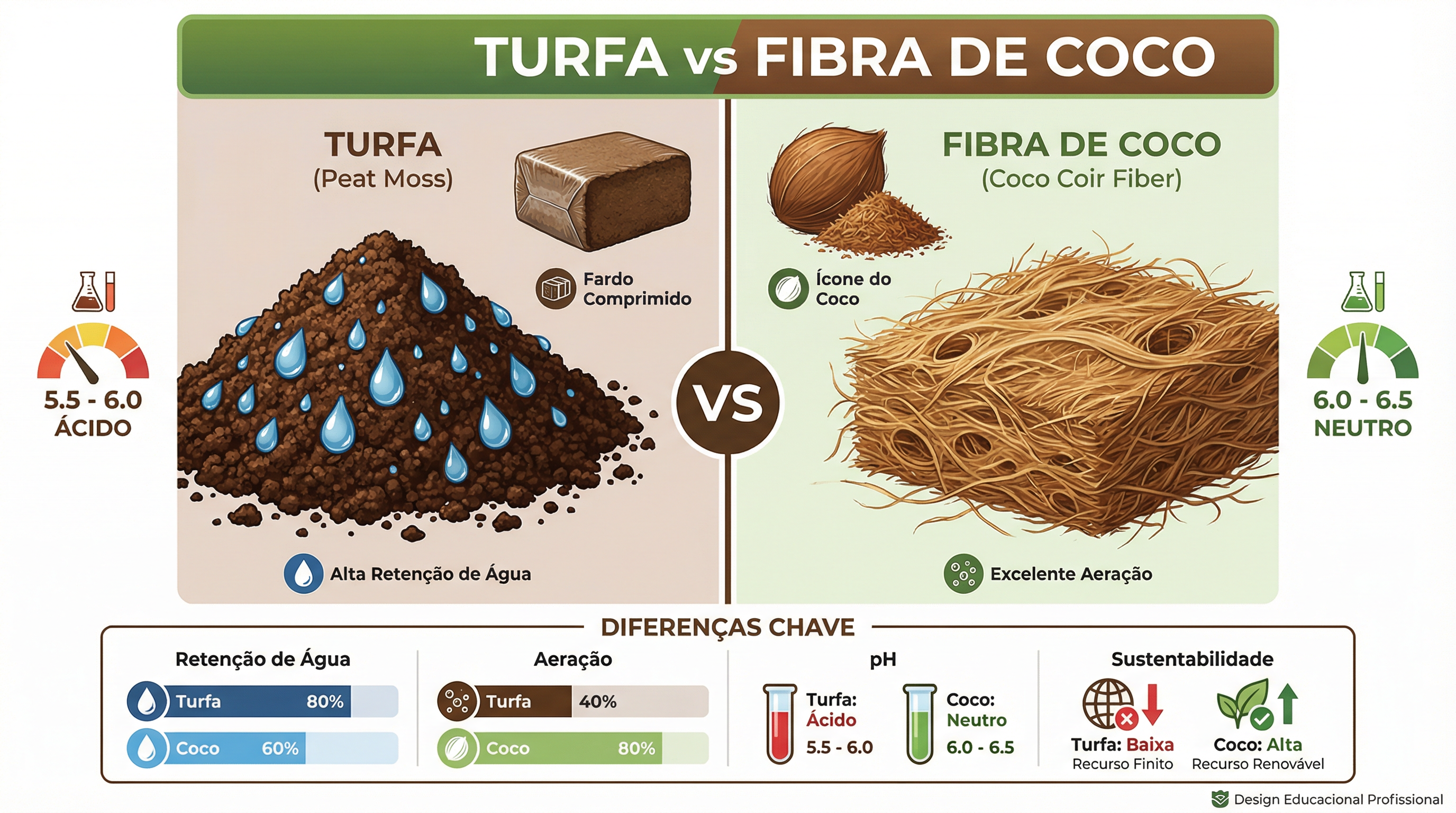 Comparação educacional entre turfa e fibra de coco para cultivo de cannabis.