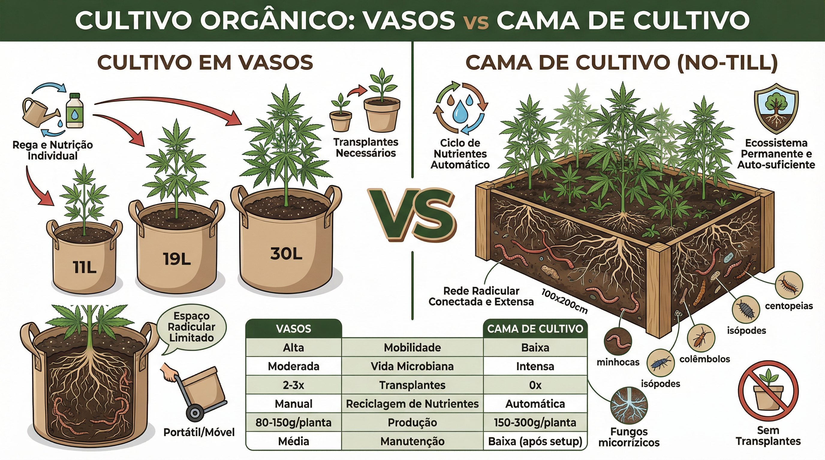 Infográfico comparando cultivo orgânico em vasos versus cama de cultivo no-till.